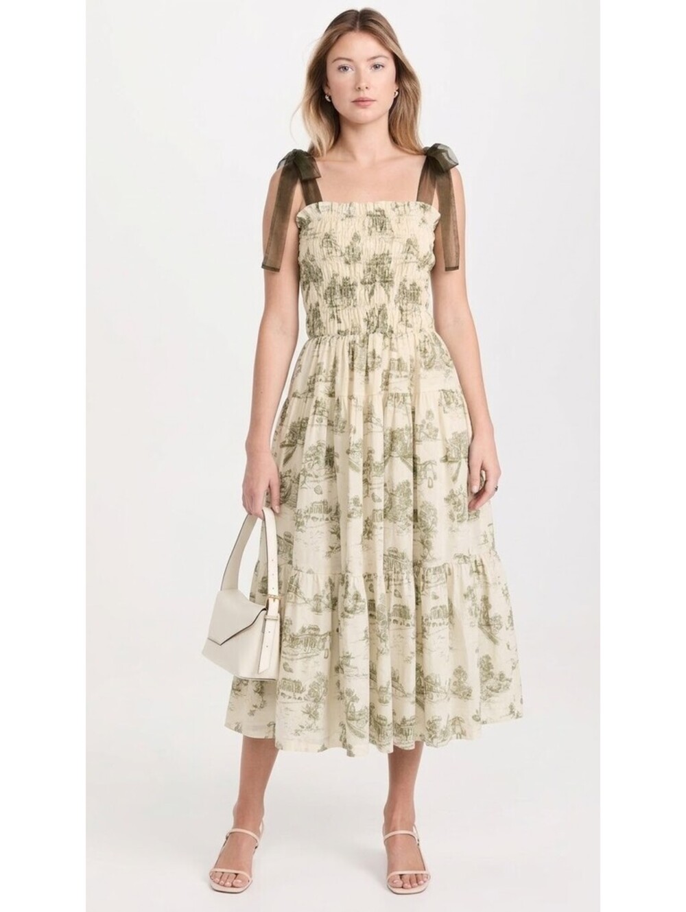 En Saison Egret Midi Dress Toile Smocked Tie Shoulder Size XS NWOT